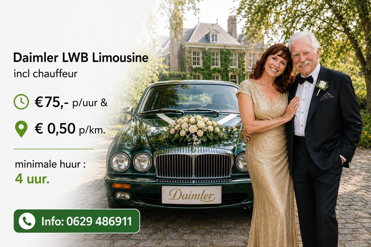 Luxe vervoer.   Daimler 4 liter V8 €75,- p/uur, Ophalen of Verzenden