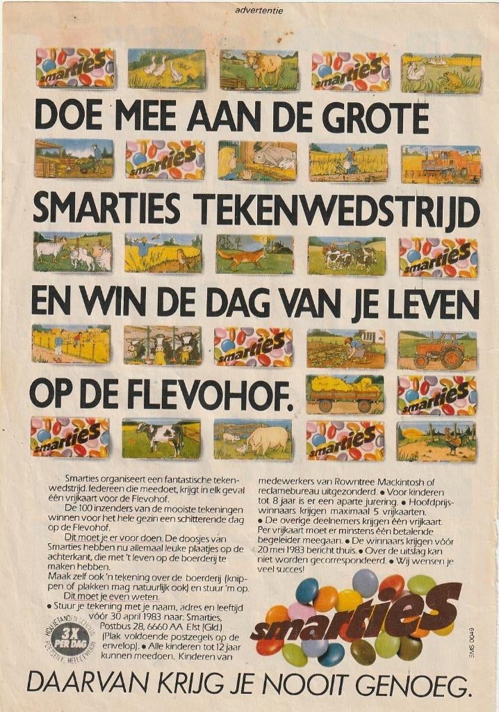 Retro reclame 1983 Smarties chocolade Flevohof pretpark, Verzamelen, Verzenden, Overige typen