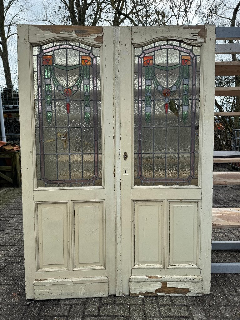 Set glas in lood deuren openslaand jugendstil 203x143cm., Ophalen