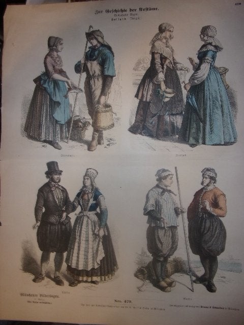 Centsprent Klederdracht Scheveningen Marken Friesland Münch, 34 cm, 1800 - 1899, 43 cm, Ophalen of Verzenden