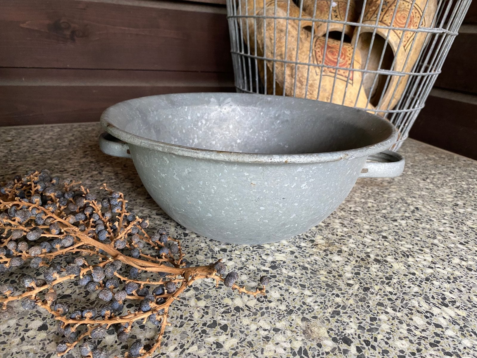 Vintage zinken kom met 2 handvaten, Antiek en Kunst, Ophalen of Verzenden