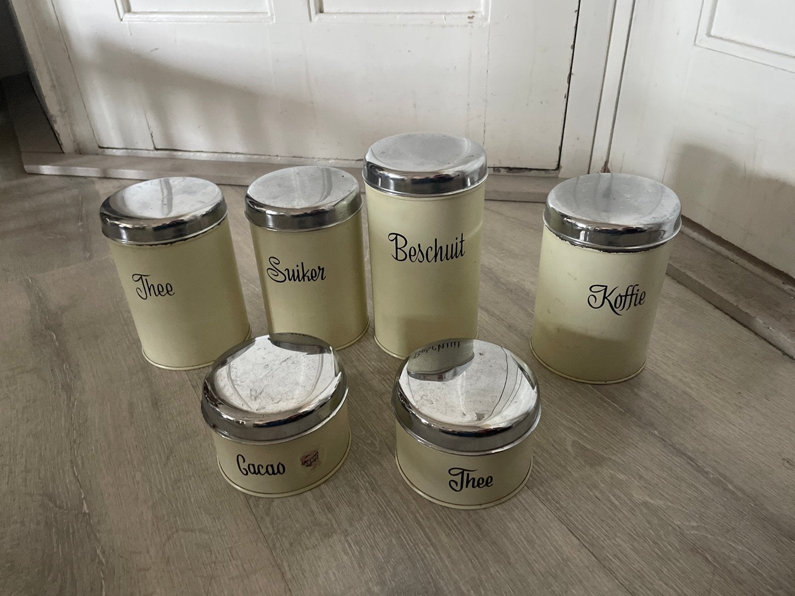 Vintage voorraadblikken set - Koffie, Thee, Suiker, Beschuit, Ophalen of Verzenden