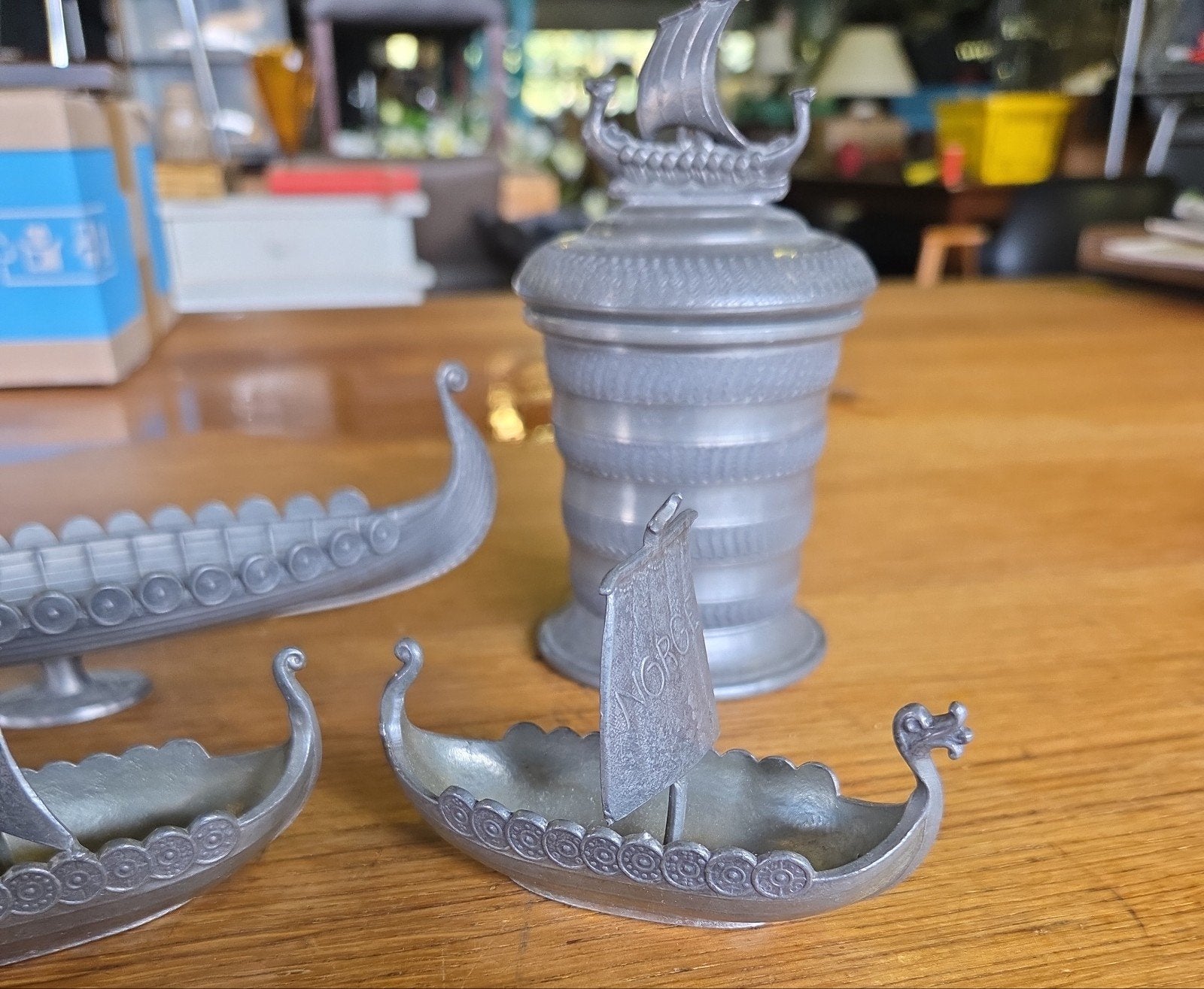 vintage Noorse tinnen (pewter) miniatuur vikingschip, Ophalen of Verzenden