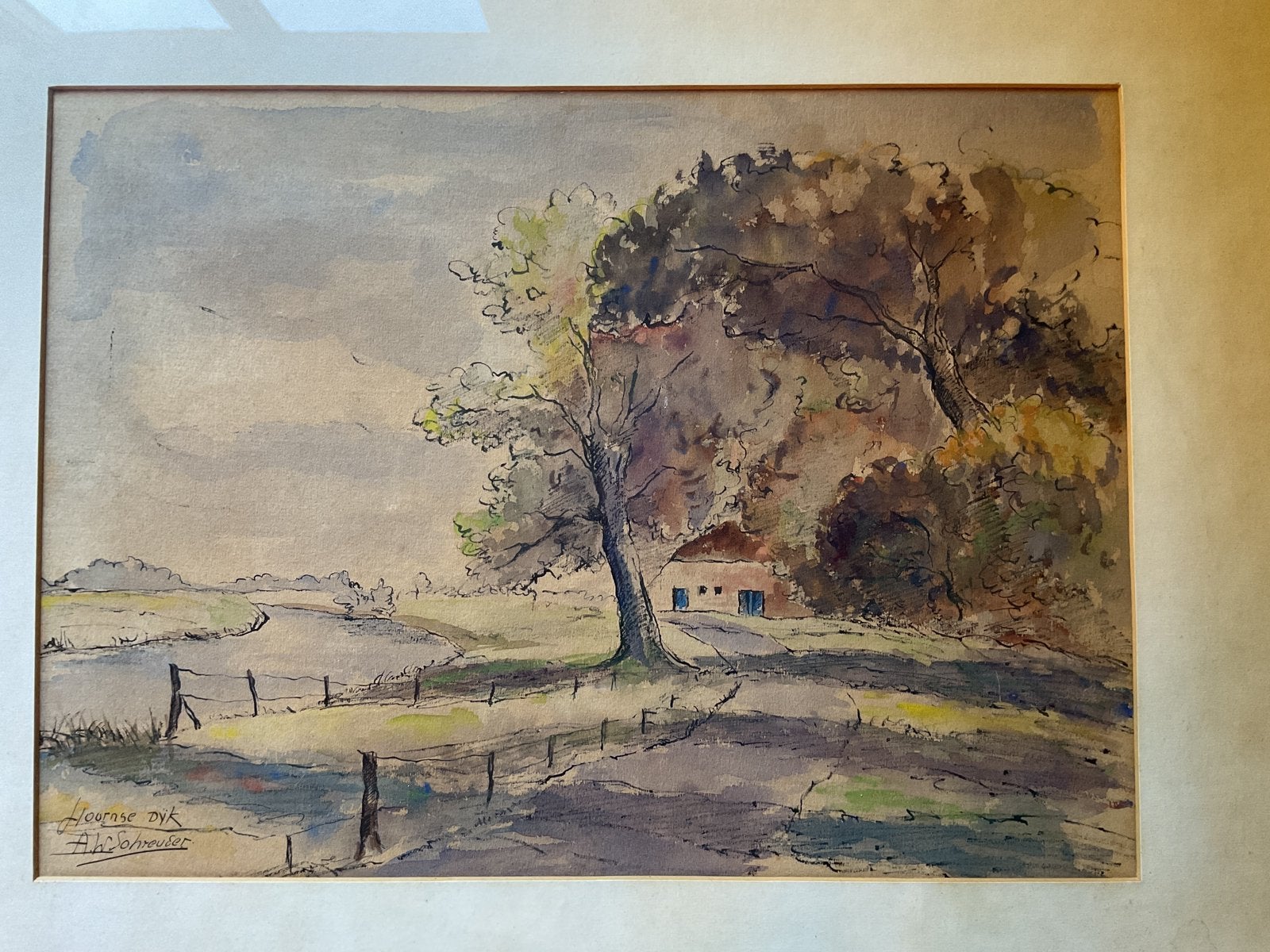 A.w. Schreuder - Gazendam aquarel Hoornse Dijk Groningen, Antiek en Kunst, Ophalen of Verzenden
