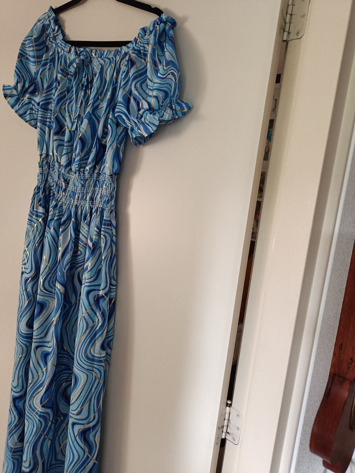 Zomerse maxi-jurk met blauw-goud patroon, Ophalen of Verzenden, Maat 42/44 (L), Blauw
