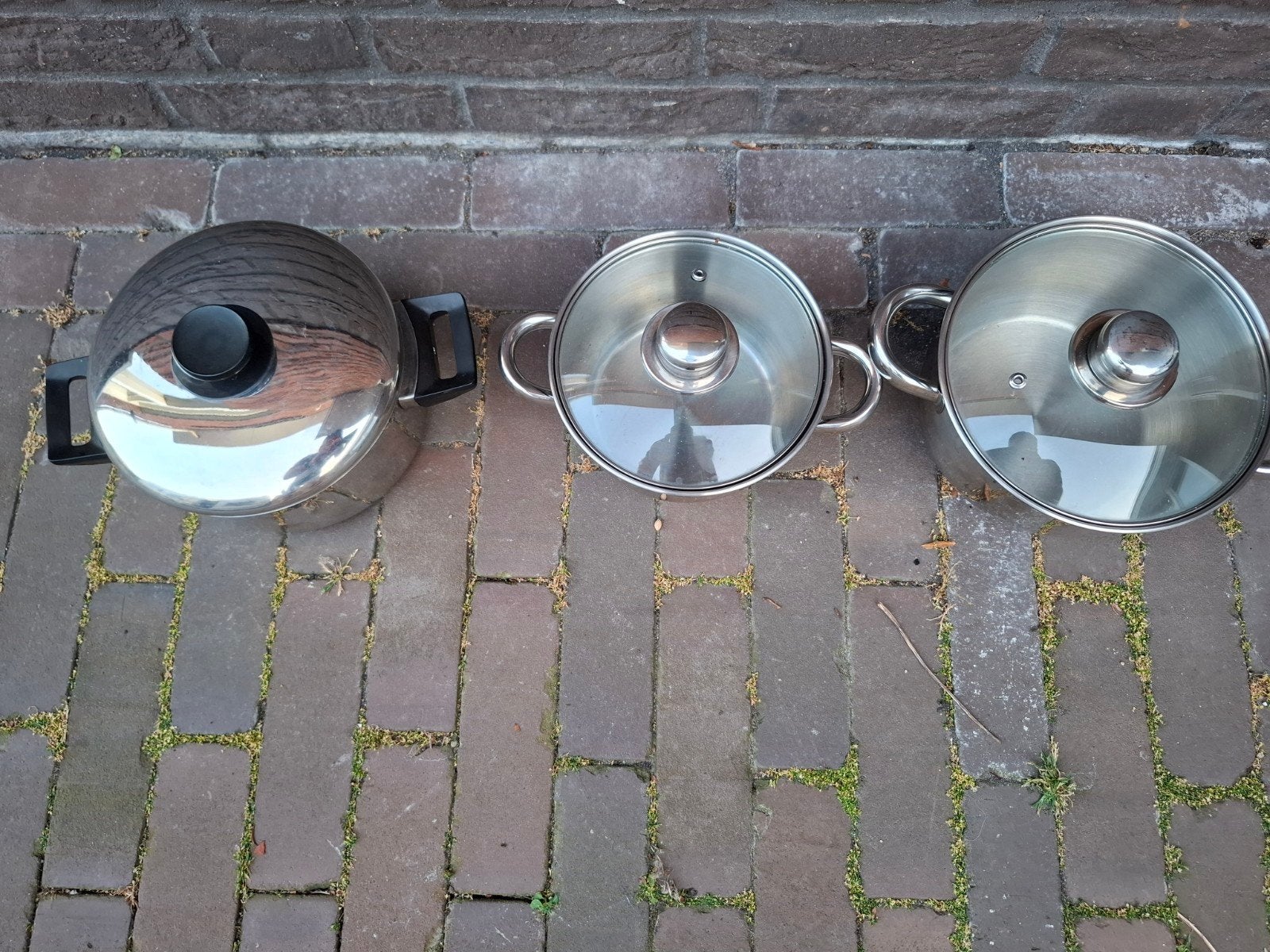Pannenset RVS met deksels - 3 stuks, Huis en Inrichting, Keuken | Potten en Pannen, Gebruikt, Met deksel, Pannenset, Ophalen of Verzenden