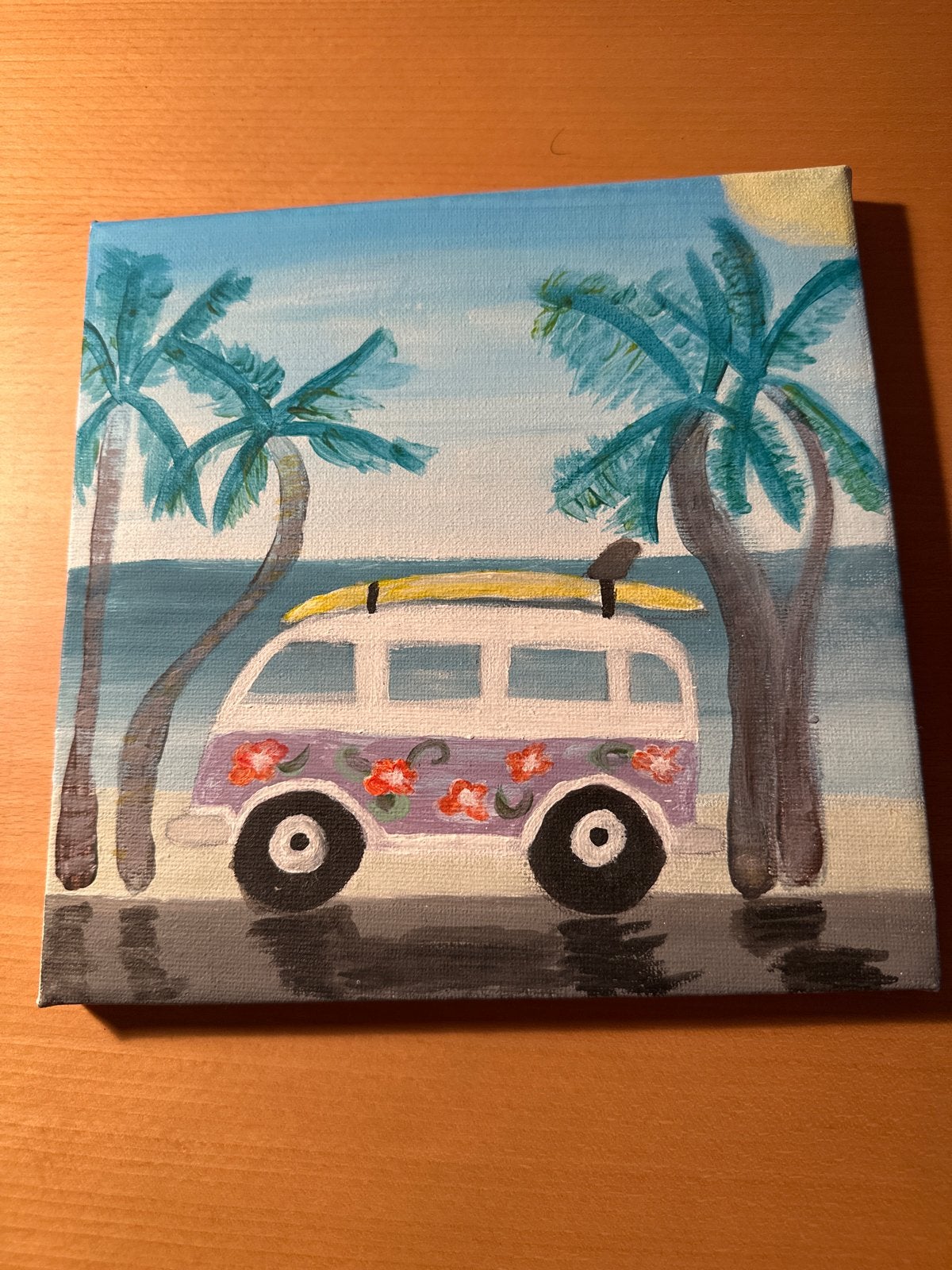 Handgeschilderd schilderij: Hippiebusje op het strand, Acrylverf, Doek, Ophalen of Verzenden, Vintage