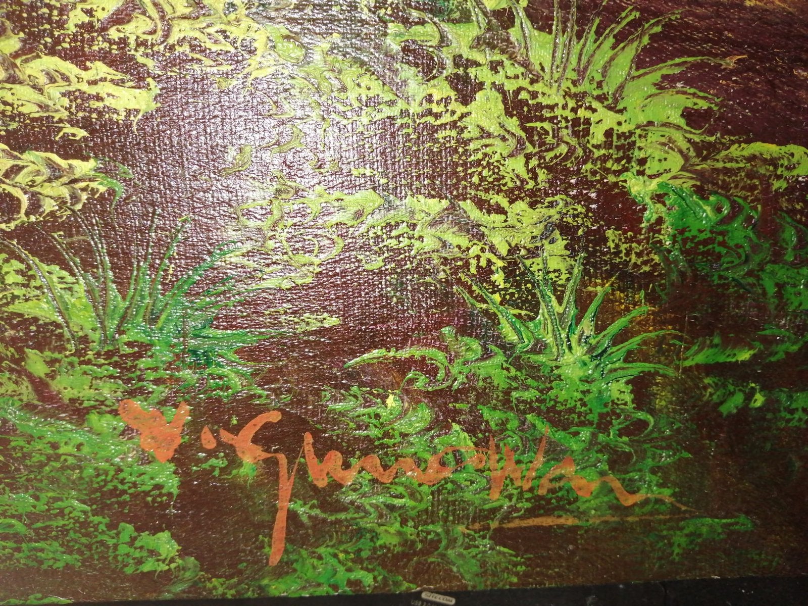 Antiek Balinees schilderij, gesigneerd (180x80cm), Doek, Ophalen of Verzenden, Gesigneerd, Landschap