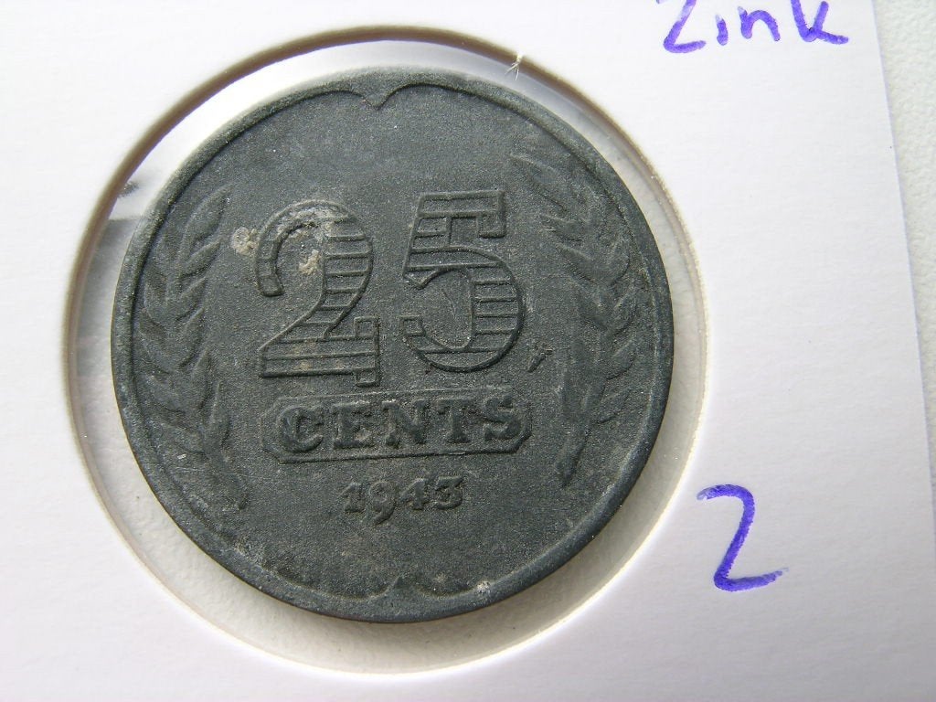 Kwartje 1943 zink (nr 2), Ophalen of Verzenden, Koningin Wilhelmina, 25 cent, Losse munt