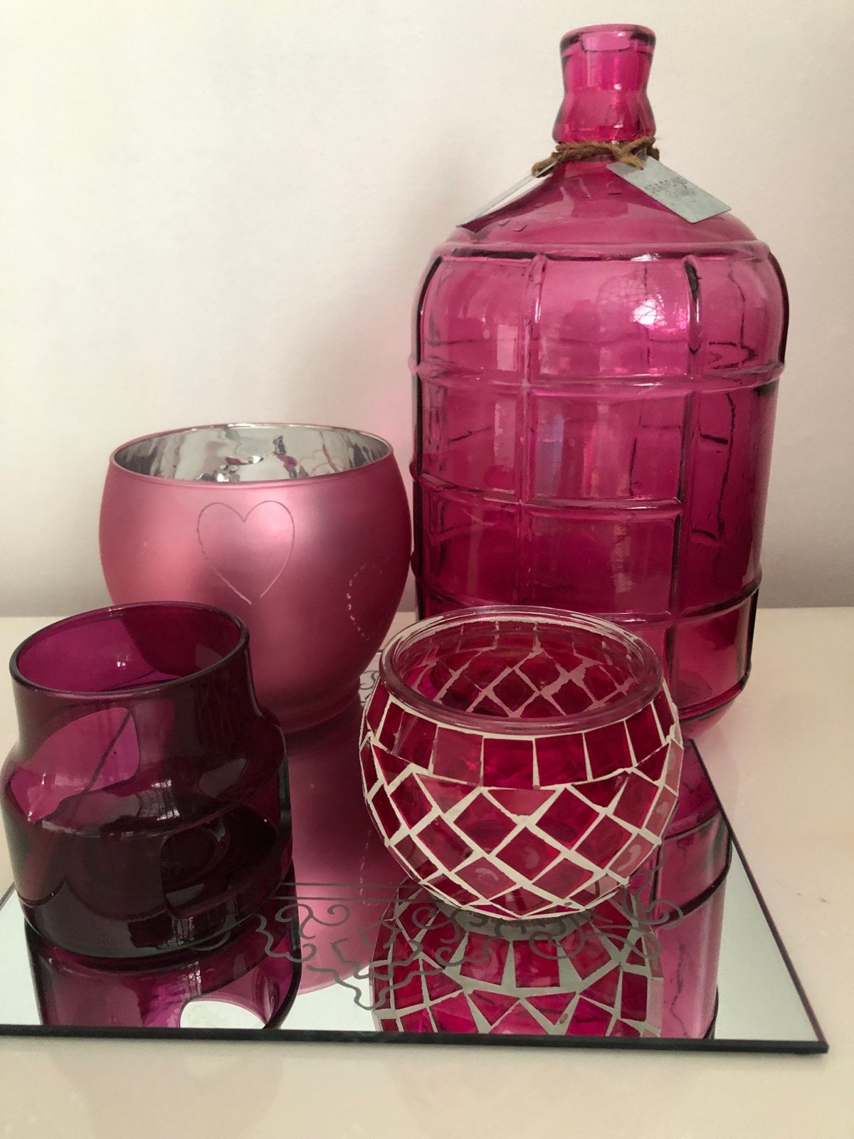 Roze windlichten voor sfeer in huis of tuin, Ophalen of Verzenden, Gebruikt, Roze, Glas