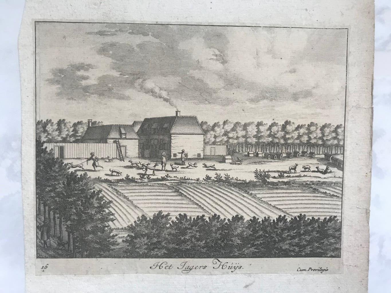 Het jagers huys, Gelderland, 1721-1778,  gravure, 16x13 cm., Antiek en Kunst, Ophalen of Verzenden, 16 cm, 1700 - 1799, Origineel