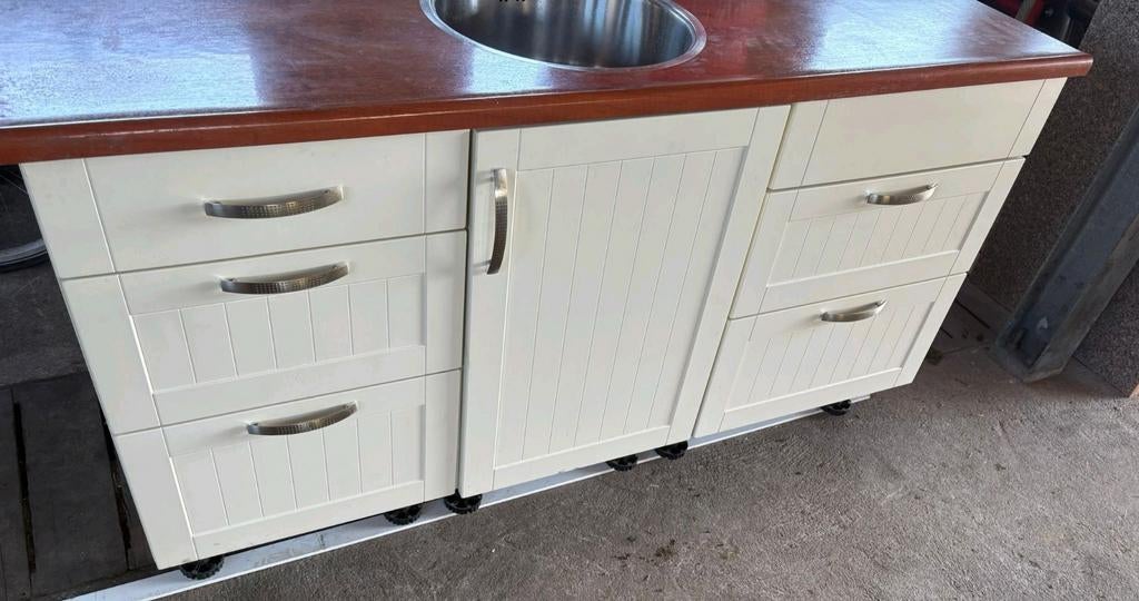 Keukenblok 160 cm met spoelbak en lades, Huis en Inrichting, Keuken | Keukenelementen, Ophalen, Gebruikt, Bruin, 150 tot 200 cm