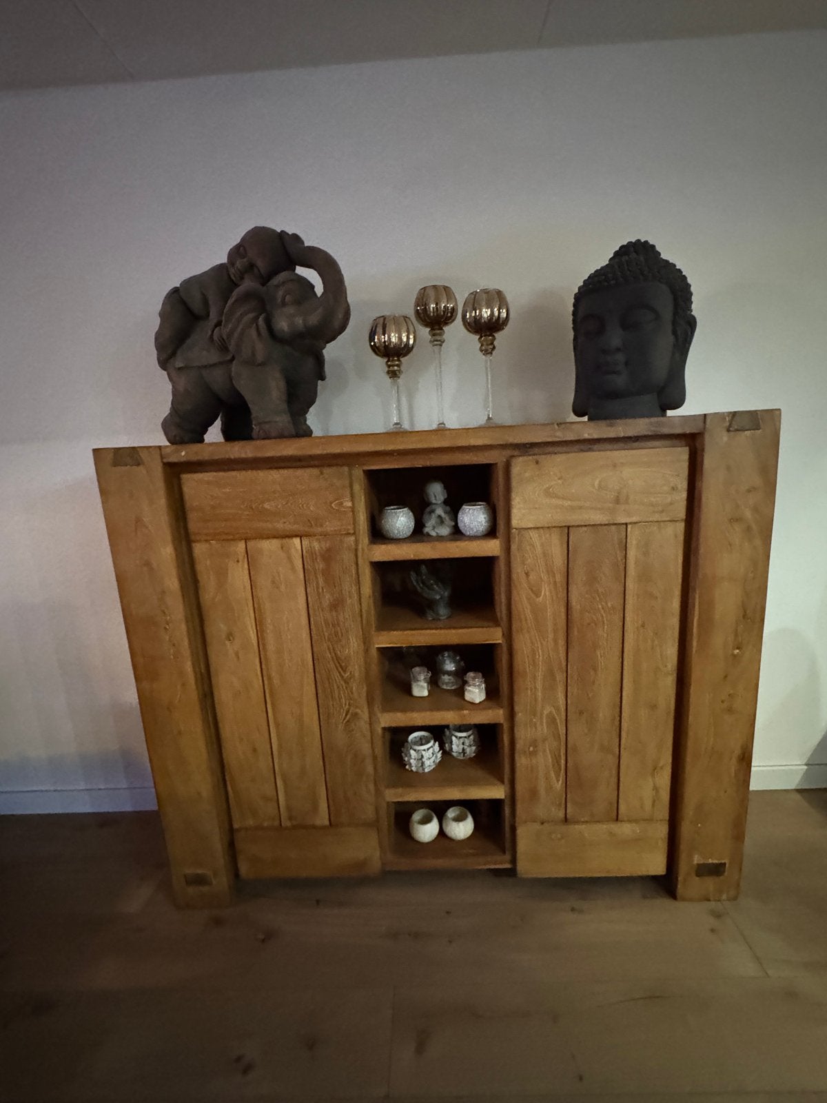 Teakhouten kast met deuren en open vakken, Ophalen, Gebruikt, 100 tot 150 cm, Teakhout