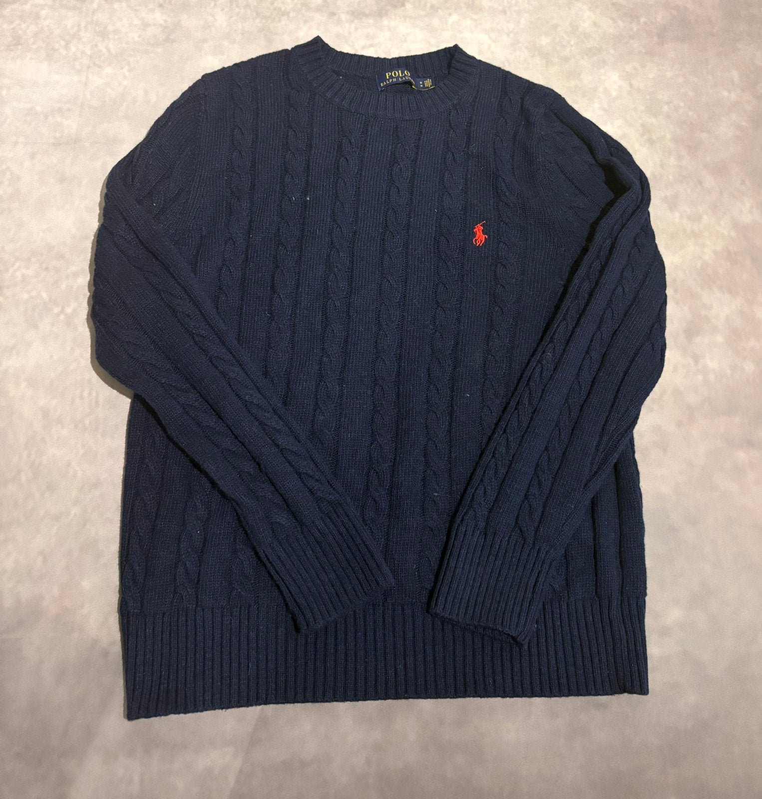 Polo Ralph Lauren Cable Knit Sweater Navy Blue Red Pony – M, Ophalen of Verzenden, Zo goed als nieuw, Blauw