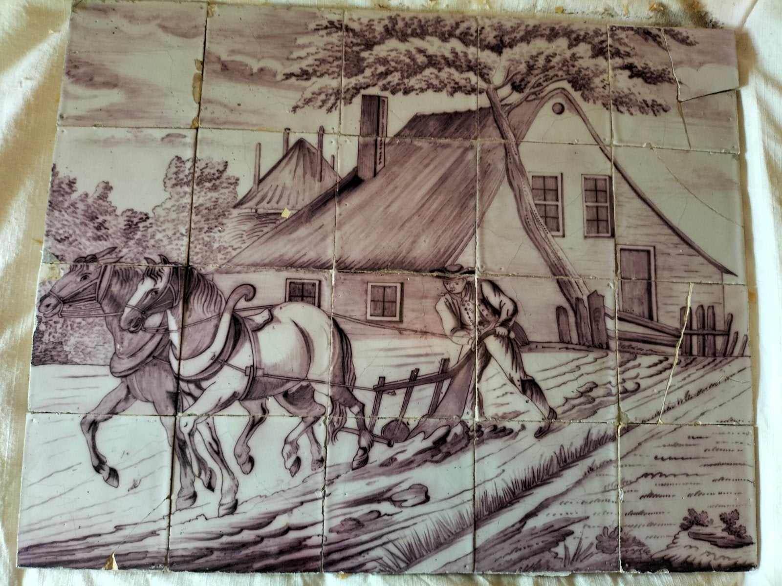 Antiek Rotterdams Tegeltableau - Boer ploegt met paarden, Antiek en Kunst, Ophalen