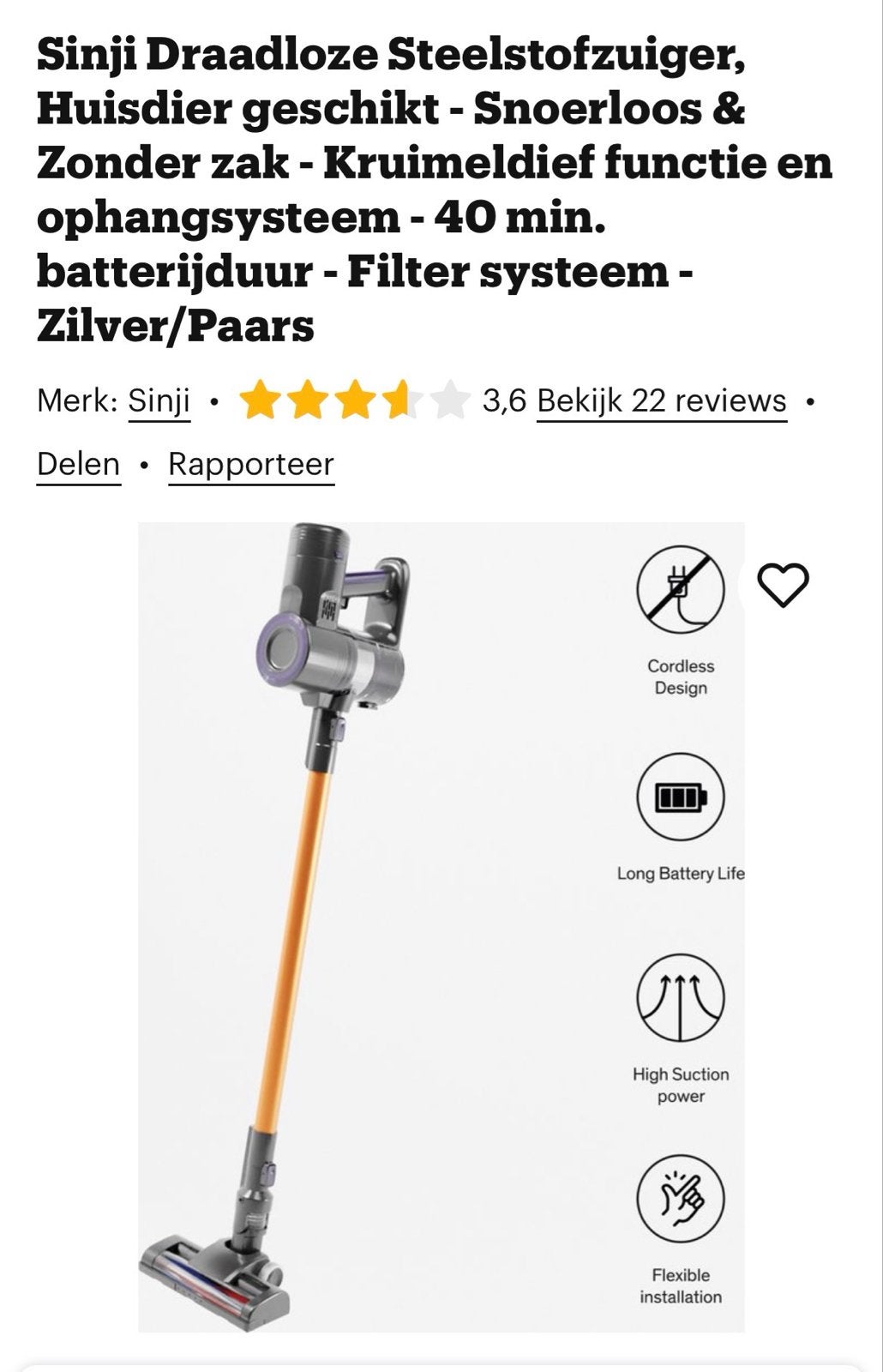 Sinji Draadloze Steelstofzuiger - Zilver/Paars, Overige merken, Draadloos, Ophalen of Verzenden, Zo goed als nieuw