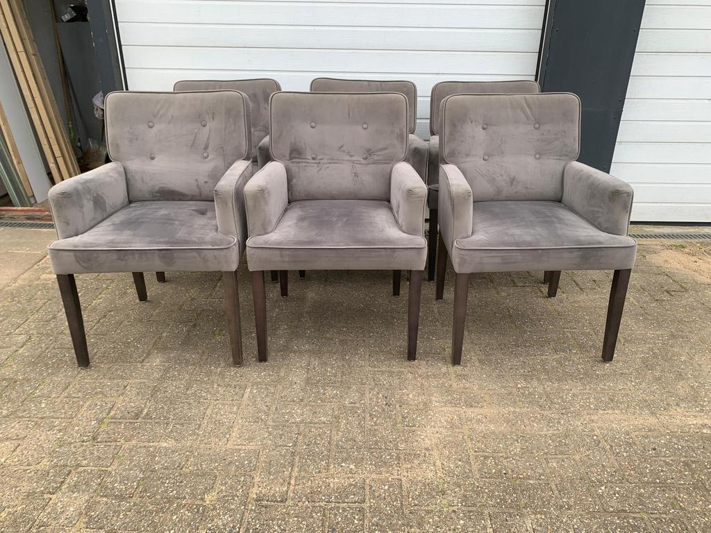 ALLEEN VANDAAG! 6 Eetkamerstoelen merk Olav – Fluweel Grijs, Ophalen, Zo goed als nieuw, Vijf, Zes of meer stoelen, Stof