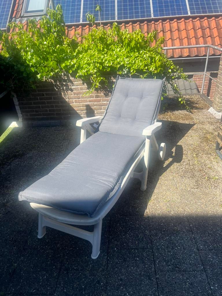 Ligstoel wit incl kussen(grijs), Tuin en Terras, Ligbedden, Ophalen, Gebruikt, Kunststof