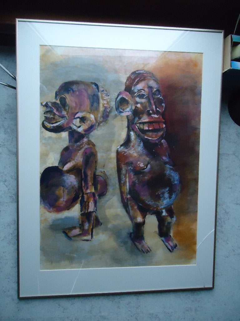 Eveline Hasselman zeer fraai schilderij Kenya Zuid Afrika, Ophalen of Verzenden, Achter glas, Figuren