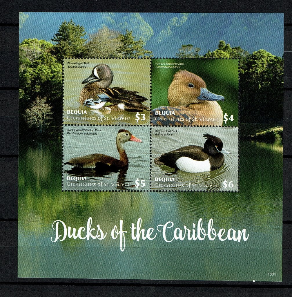 BEQUIA 2018 PF BLOK EENDEN DUCKS VOGELS BIRDS 1, Ophalen of Verzenden, Postfris, Dier of Natuur