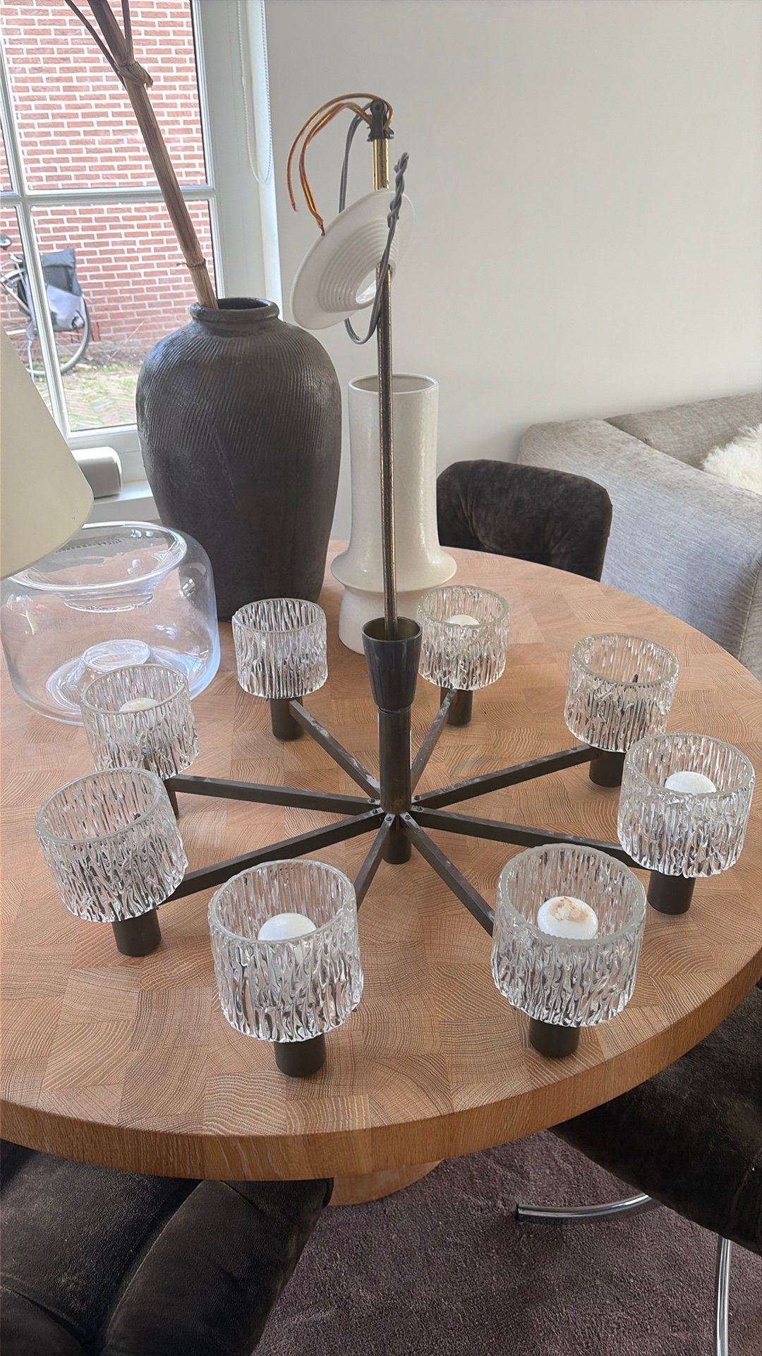Vintage hanglamp |  8arms | Messing | Ijsglas | Mid Century, Gebruikt, Ophalen of Verzenden, Glas, Nvt