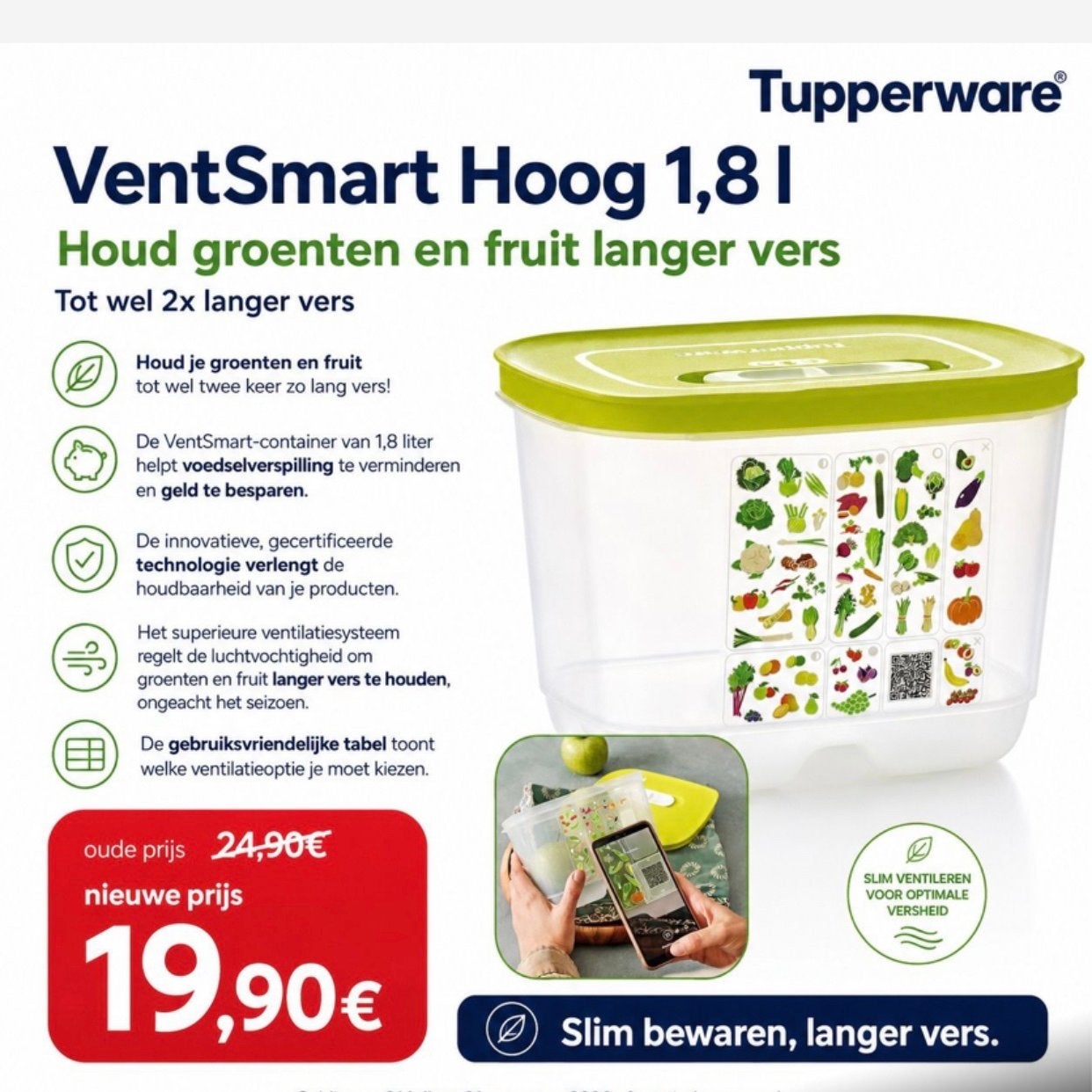 Tupperware VentSmart Hoog 1,8L - Houdt groenten langer vers, Huis en Inrichting, Keuken | Tupperware, Bewaardoos, Wit, Nieuw, Luchtdicht