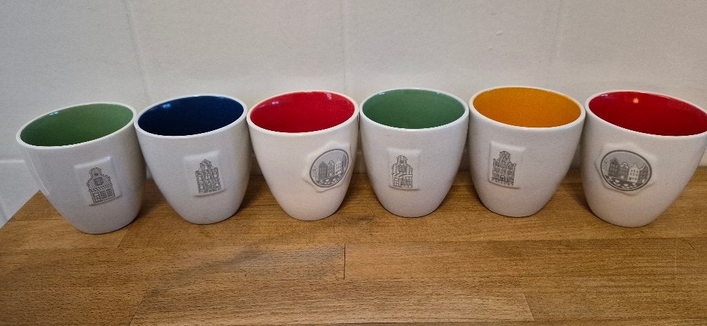 6 postcode loterij douwe egberts mokjes diverse kleuren ., Nieuw, Overige stijlen, Aardewerk, Mok