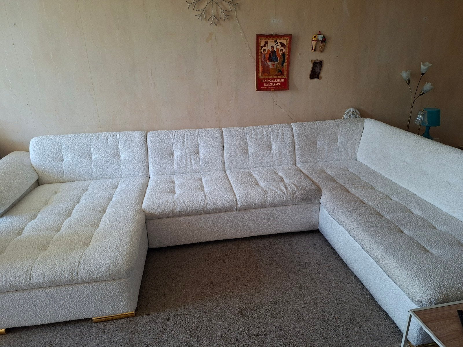 Beige Hoekbank 5-zits met chaise longue, Ophalen, Zo goed als nieuw, Stof, Hoekbank