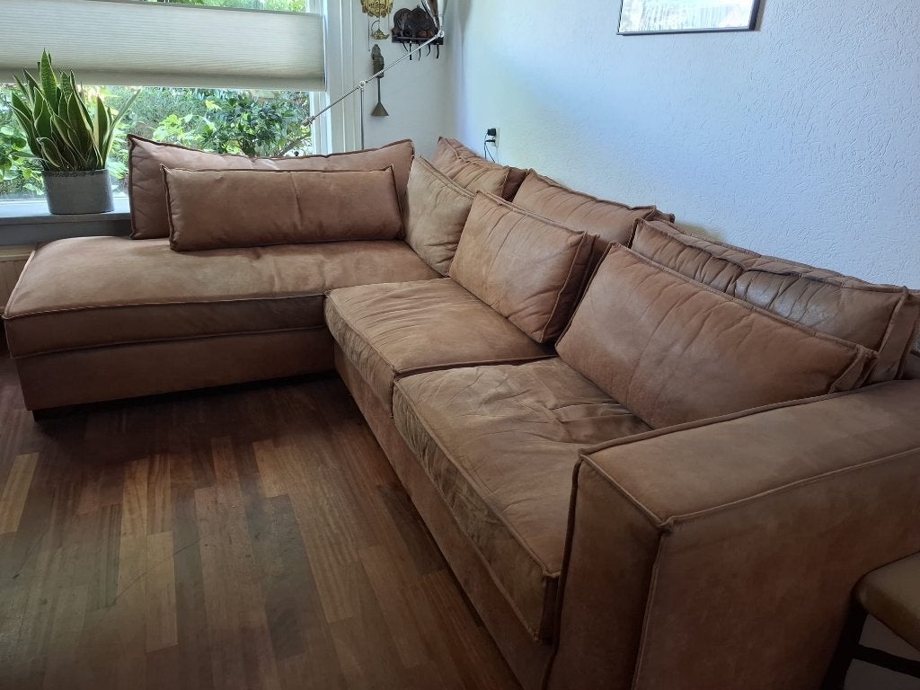 Hoekbank lederlook cognac, Ophalen, Gebruikt, Stof, Tijdloos, stoer en duurzaam