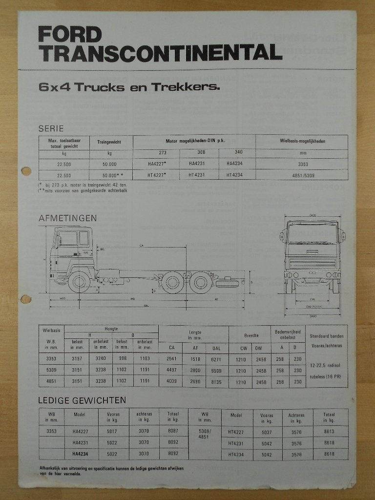 Ford Transcontinental 6x4 Technische Brochure 1975, Ford, Ophalen of Verzenden, Zo goed als nieuw, Ford