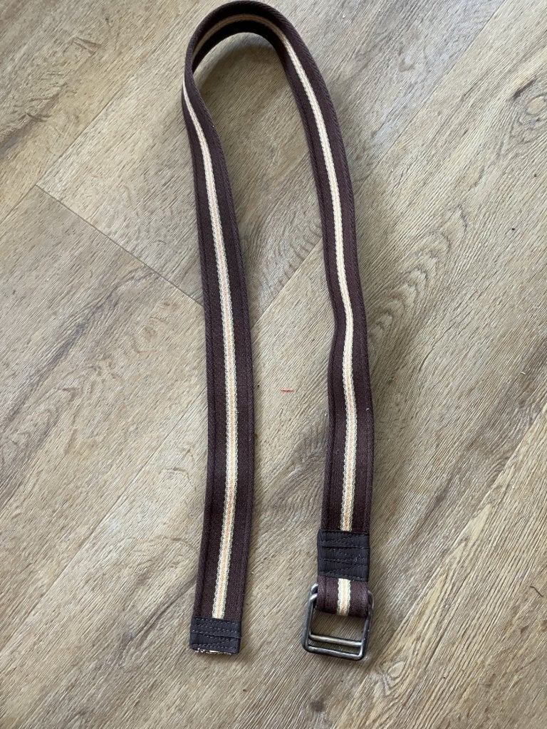 Bruin gestreepte riem (webbing belt) met dubbele gesp, Bruin, Zo goed als nieuw, Riem of Ceintuur, 105 tot 115 cm