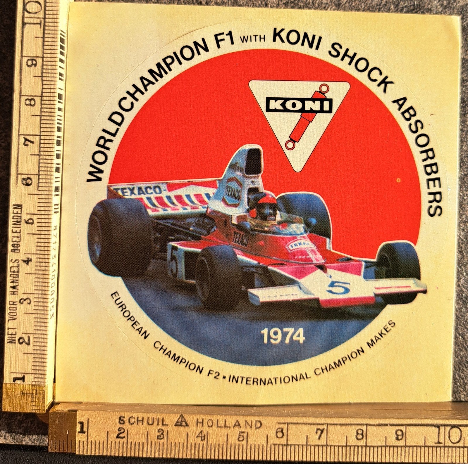 Vintage sticker Koni schokbrekers Worldchampion Formule 1, Ophalen of Verzenden, Zo goed als nieuw