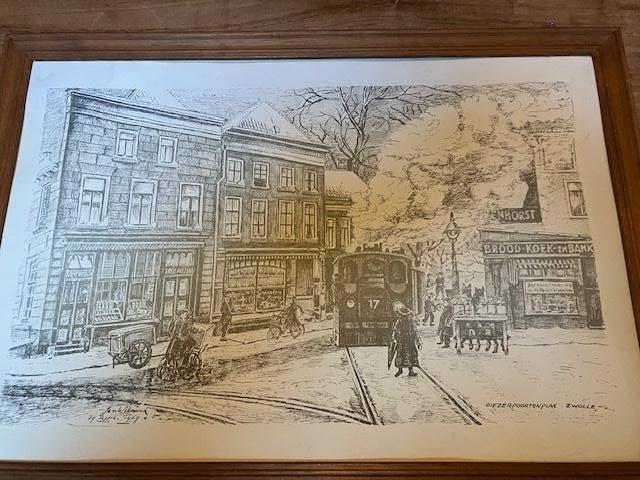Pentekening Jan Wilmink Diezerpoortenplas Zwolle, 34 cm, 25 cm, Stadsgezicht, Ophalen of Verzenden