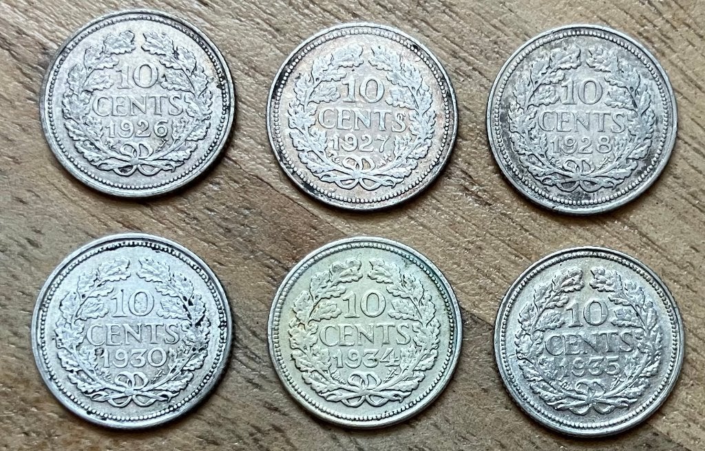 10 cent 1926, 1927, 1928, 1930, 1934 en 1935 Wilhelmina, Postzegels en Munten, Munten | Nederland, Ophalen, Setje, Zilver, 10 cent