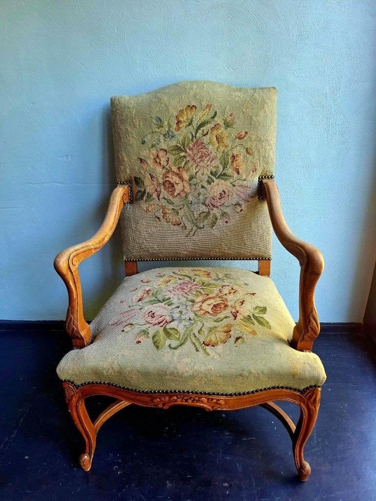 vintage/brocante stoel met borduurwerk, Ophalen, Hout, Gebruikt, Overige kleuren