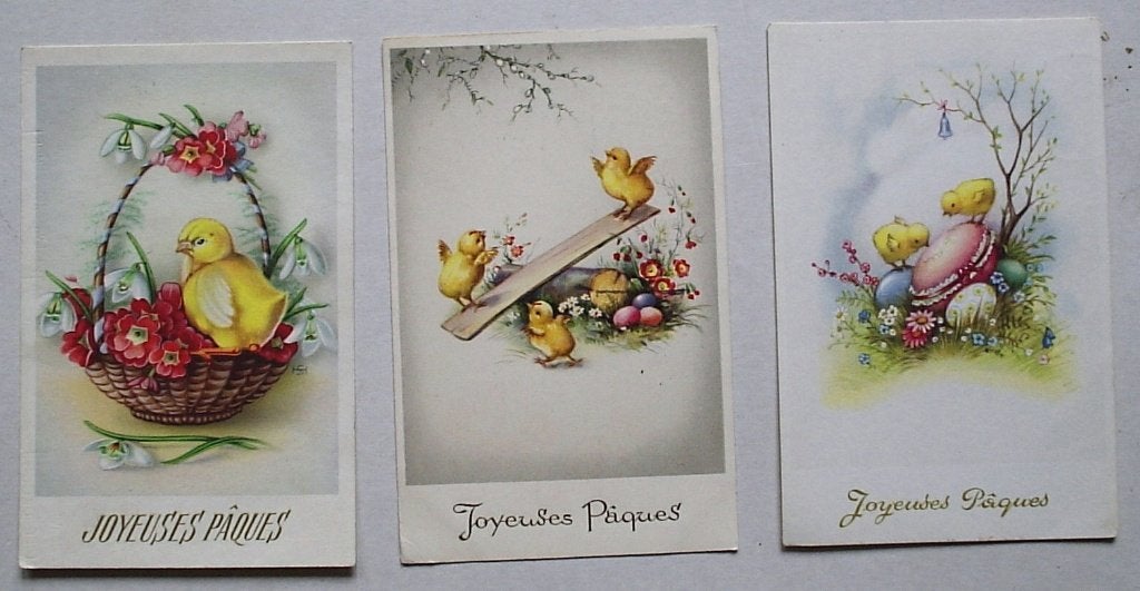 3 Oude Franse Paaskaarten met Kuikens en Bloemen, Verzenden