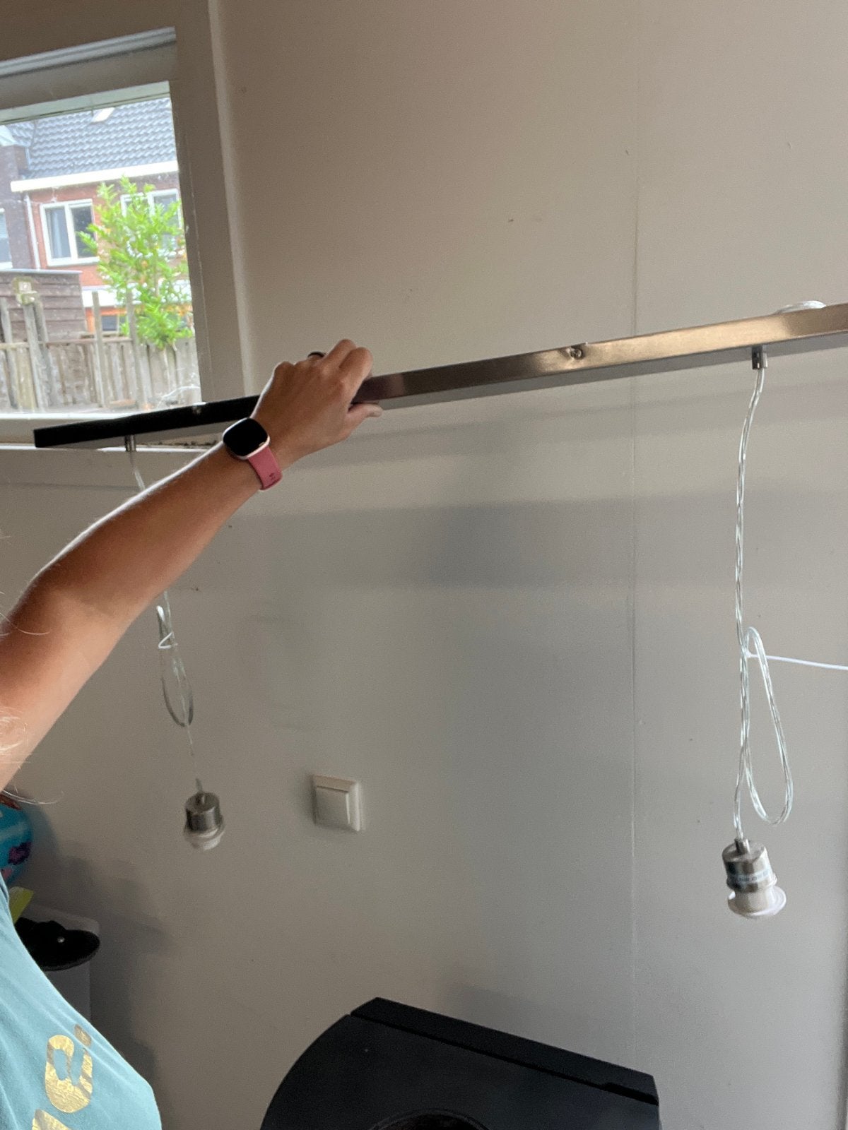 Moderne hanglamp met 2 fittingen, Ophalen, Gebruikt, Metaal, 75 cm of meer