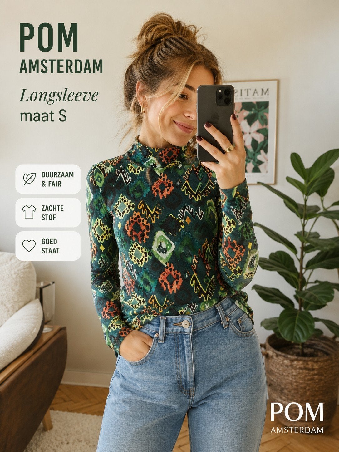 POM Amsterdam kleurrijke longsleeve, maat S, Kleding | Dames, Ophalen of Verzenden, Zo goed als nieuw, Maat 36 (S), Pom Amsterdam