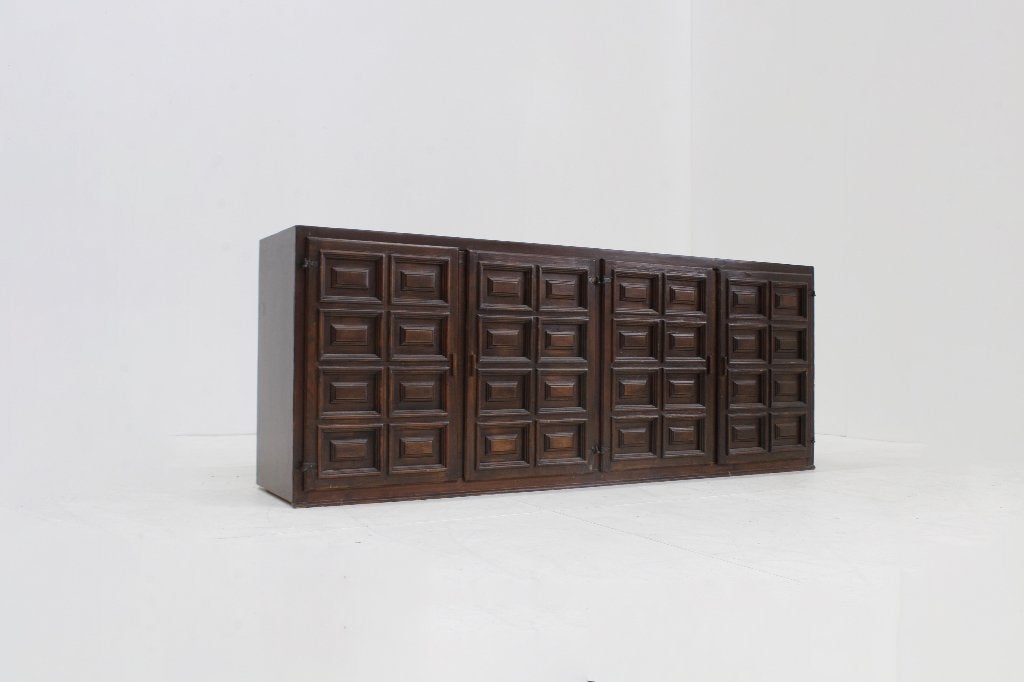 Vintage Spanish Brutalist Sideboard Credenza, Ophalen of Verzenden, 200 cm of meer, 25 tot 50 cm, Overige houtsoorten