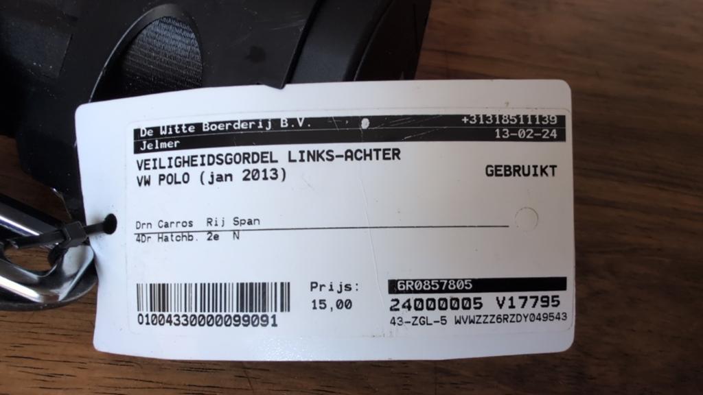 Gordel Volkswagen Polo 2013 links-achter 6R0857805, Auto-onderdelen, Ophalen of Verzenden, Gebruikt, Volkswagen