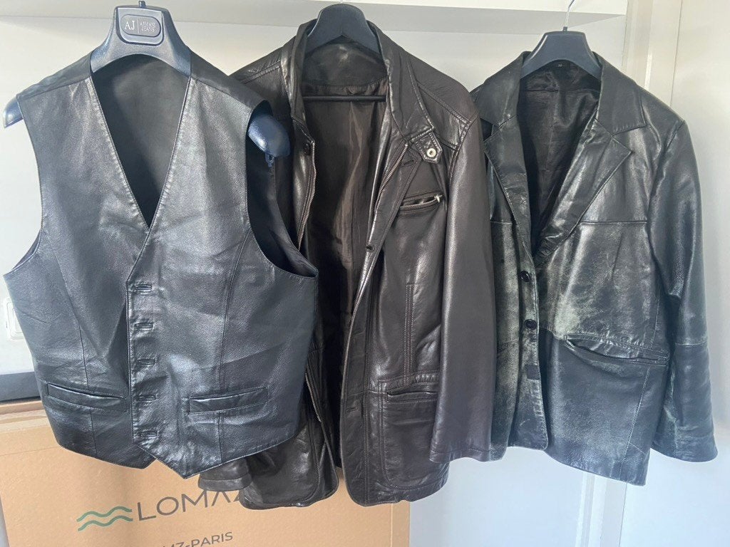 Vintage leren herenjas en leren gilet, Ophalen, Zo goed als nieuw, Overige maten, Zwart