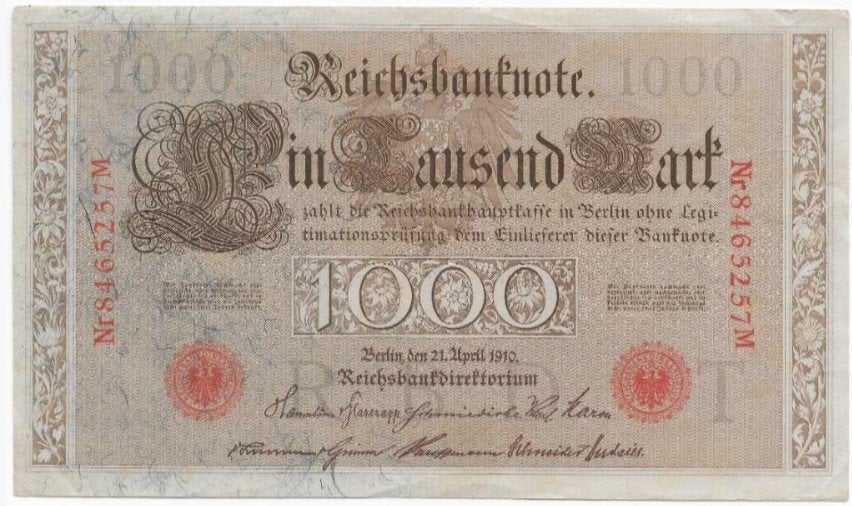 1000 Mark 1910 Reichsbanknote; two red seals 57M, Postzegels en Munten, Bankbiljetten | Europa | Niet-Eurobiljetten, Verzenden