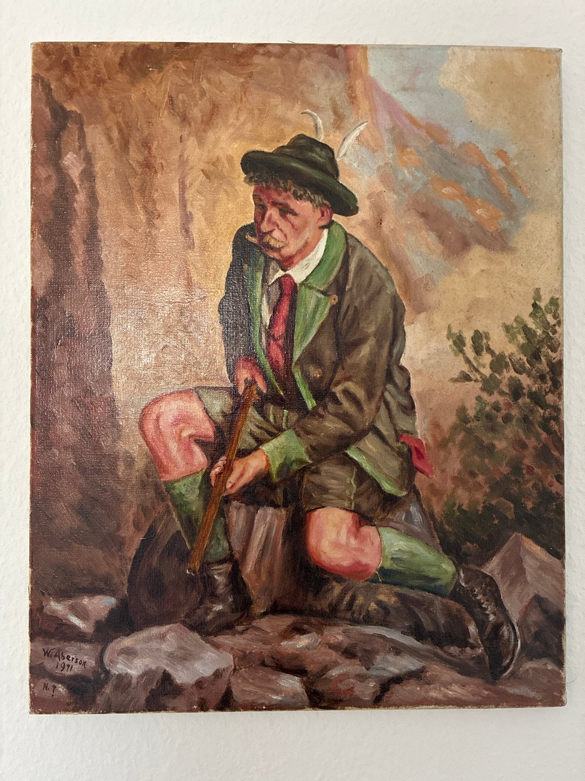 Olieverfschilderij van W. Aberson, 1971 - Jager met pijp, Ophalen, Doek, Portret of Personen, Realistisch