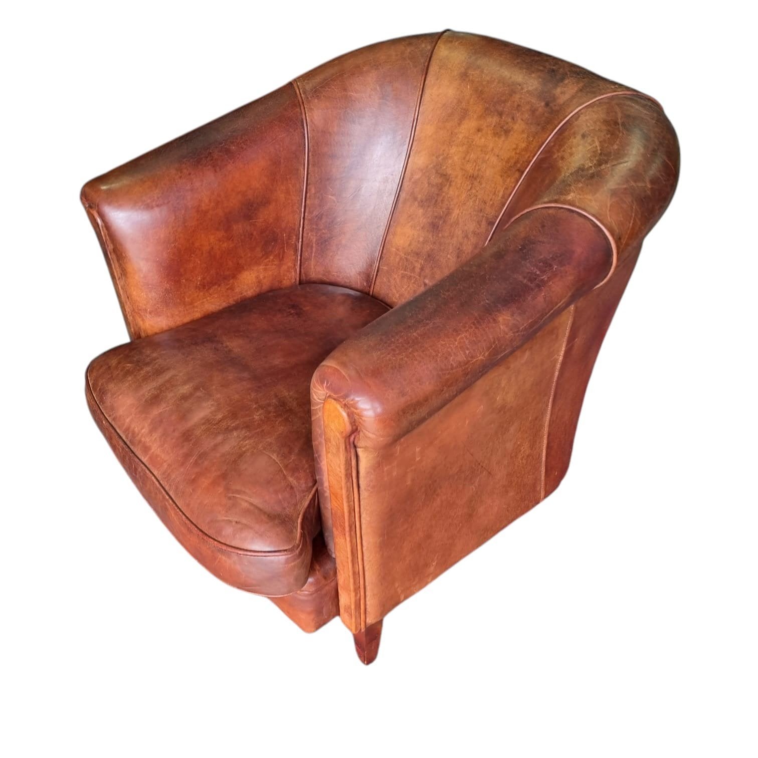 Vintage schapenleren Clubfauteuil - Cognac Bruin + BEZORGING, Gebruikt, Vintage, Clubfauteuil, Onbekend, Ophalen of Verzenden
