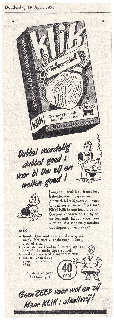 Reclame 1951 - Zeepfabriek De Klok Heerde 2 - Klik Wasmiddel, Verzamelen, Ophalen of Verzenden, Gebruikt, Overige typen