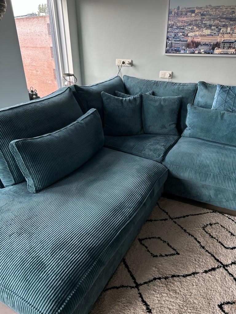 Grote Hoekbank Ribstof Petrol Blauw - Zo goed als nieuw, Huis en Inrichting, Banken | Bankstellen, Ophalen, 250 tot 300 cm, Hoekbank