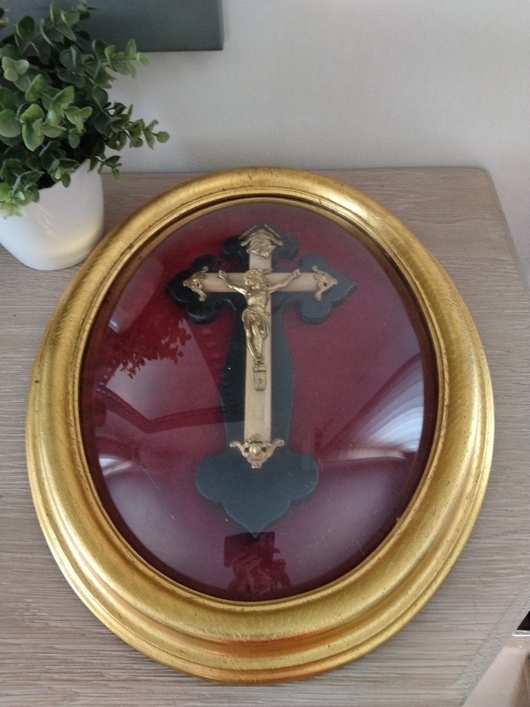 Vintage XL houten goudkleurige kader met bolglas, Ophalen of Verzenden, Zo goed als nieuw, Goud, Hout