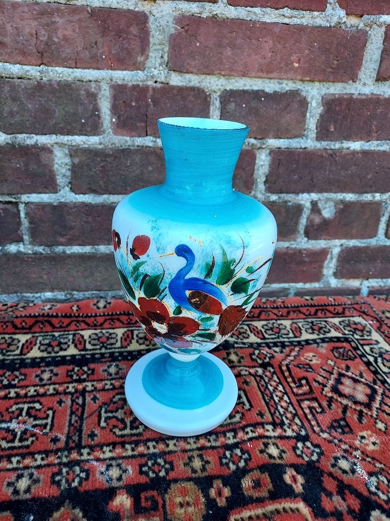 Antieke blauwe opaline vaas met vogel decor., Antiek en Kunst, Verzenden