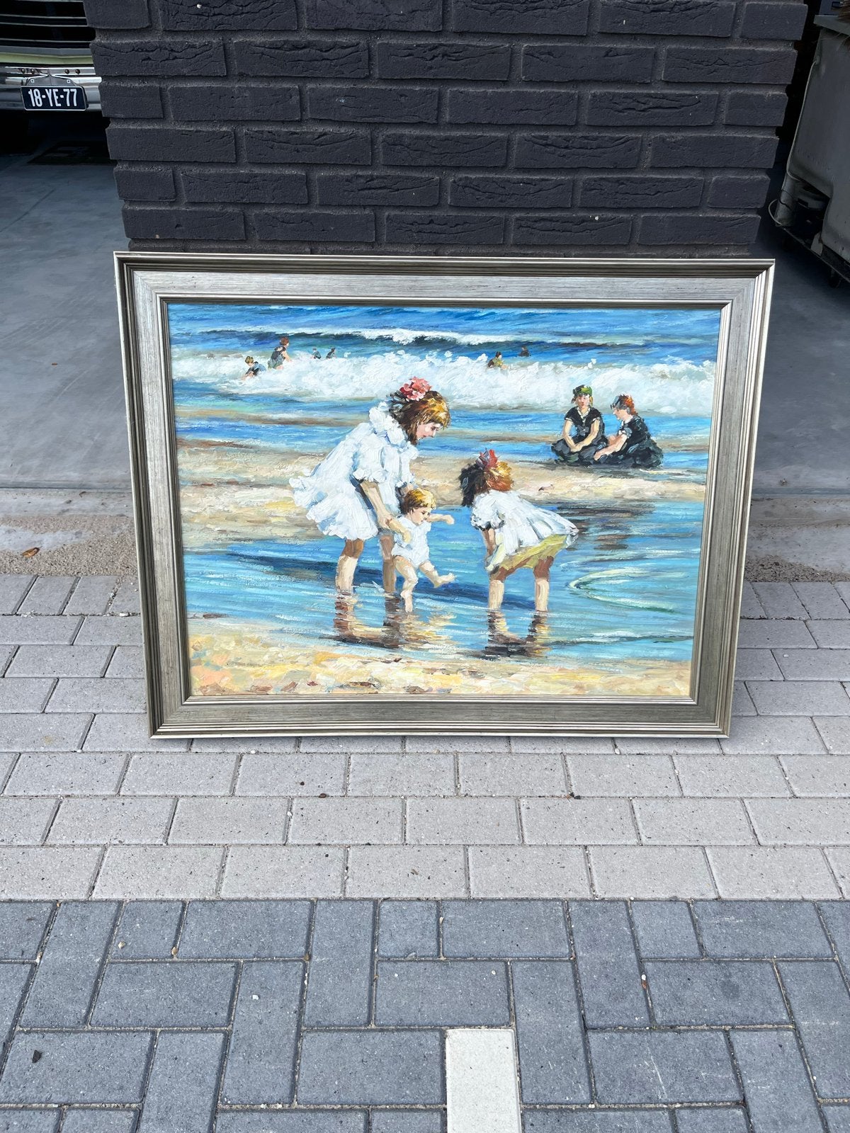 Schilderij: Spelende kinderen op het strand, witgoudkleurige, Ophalen, Doek, Portret of Personen, Realistisch