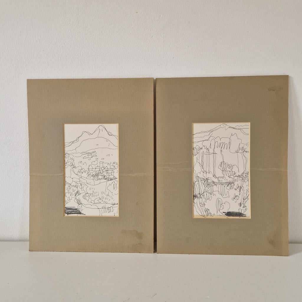 2 pentekeningen gered van de .... pentekening vintage, Antiek en Kunst, Kunst | Etsen en Gravures, Ophalen of Verzenden